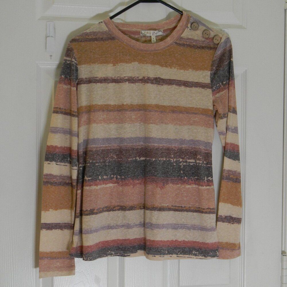 TruSelf Long Sleeve Brown Stiped Tee Wooden Buttons Sz Small NWOT